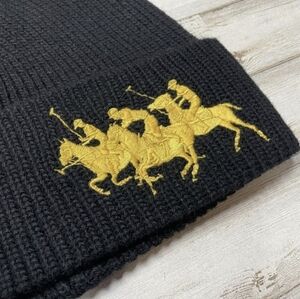 Polo Ralph Lauren Triple Pony Beanie Wool Blend Hat Black Gold